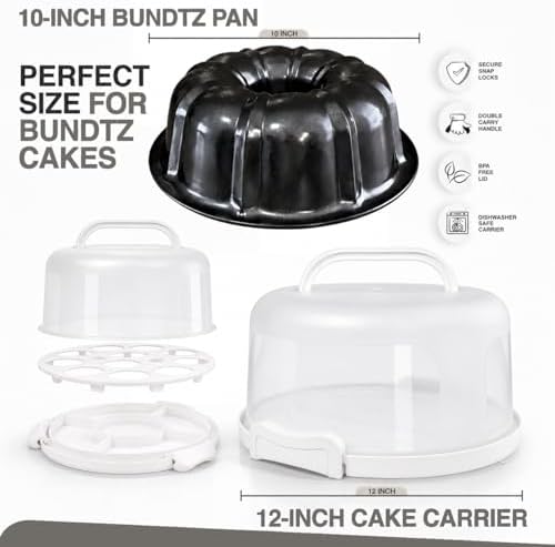 10in Buntz Cake Pan Non Stick & 12in Cake Carrier with Lid-Handle, White