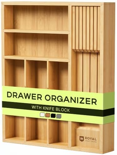 Drawer Organizer with Knife Block for Kitchen Organization, Bamboo Silverware Drawer Organizer, Compact Bamboo Cutlery Tray for Flatware and Utensils, Removable 7-Slot Knife Block for Kitchen Drawers
