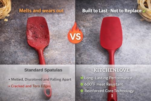 KITCHENLOVE Premium 600°F Heat Resistant 5 Piece Silicone Spatula Set for Baking, Cooking, Mixing - Non-Stick with High Grade S-Iron Steel Core - One Piece Seamless Design - BPA Free (Red)