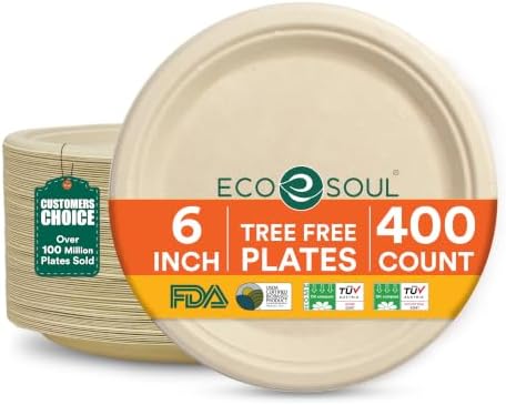 ECO SOUL 6 Inch Disposable Bagasse Paper Plates (400 Pack, Round)