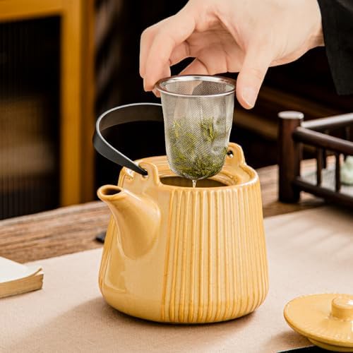 Yundu Ceramic Teapots for Tea, 1000ml/33.8oz Tea Pot with Infusers for Loose Tea, Striped Tea Pot with Removable Tea Infuser - Reactive Mustard