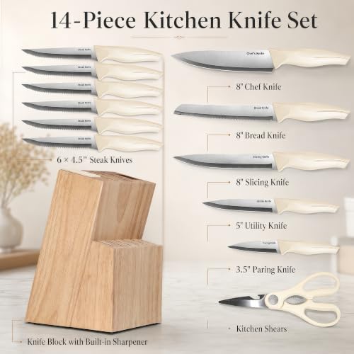 14-Piece Kitchen Knife Block Set with Built-In Sharpener