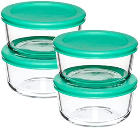 Anchor Hocking 2 Cup Glass Storage Containers with Lids, Set of 4 Glass Food Storage Containers with Mint SnugFit Lids
