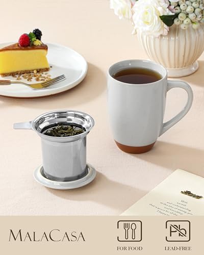 MALACASA Ceramic 18 oz Tea Mug with Lid and Infuser, Khaki Gray