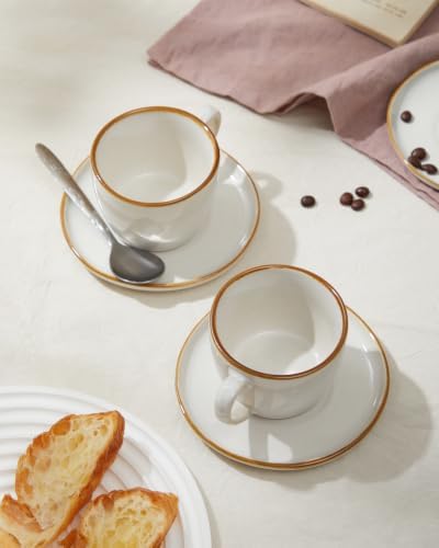 Pokini Stoneware Coffee Cups with Saucers, Cappuccino Cups, Mugs Set of 4