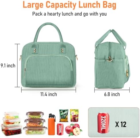 Lunch Bag Large Insulated Lunch Box for Women Adult Cute Pink Strawberry Lunchbox Corduroy Lunch Bags Boxes Pail with Shoulder Strap for Work (Light green)