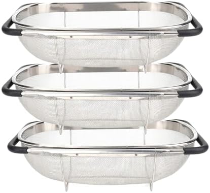 3 PackPremium Quality Over The Sink Stainless Steel Oval Colander with Fine Mesh 6 Quart Strainer Basket & Expandable Rubber Grip Handles - Strain, Drain, Rinse Fruits, Vegetables