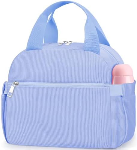 KUBYA Lunch Box for Women, Cute Grids Corduroy Insulated Lunch Bag Women Reusable Work Simple Adults Large Lunch Boxes Tote Bag Men Cooler Bag