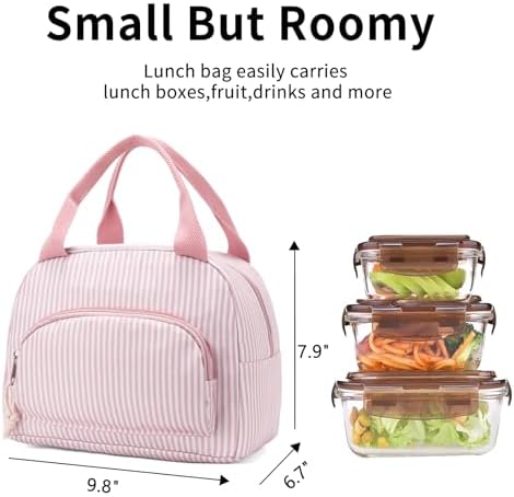 Lunch Bag Women Lunch Box for Women Adult Cute Insulated Lunch Bag Small Cooler Lunch Tote Bags for Work Picnic Travel (Pink Stripes)