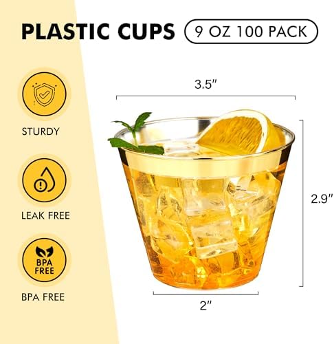 RACETOP 100 Pack 9 oz Gold Plastic Cups Tumbler