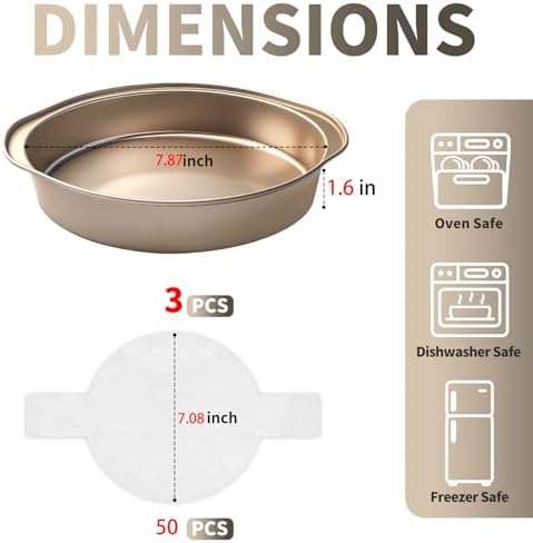 8 Inch Cake Pans, 3PCS Nonstick Round Baking Pans with 50PCS Parchment Papers, Durable Birthday Circle Cake Baking Pan with Handle for Multi-Layer Cakes, Dishwasher Safe (Gold, 8 inch)