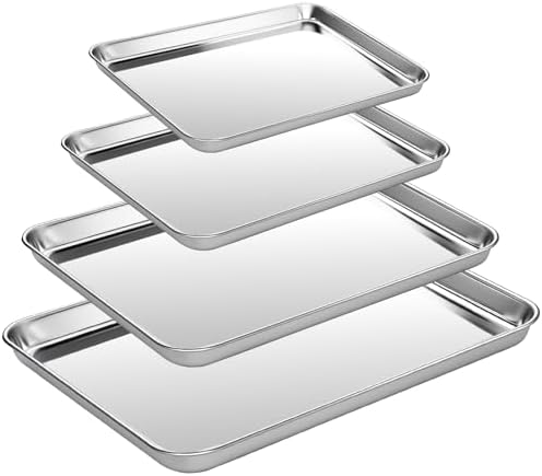 CEKEE Baking Sheet Set of 4, Stainless Steel Cookie Sheets for Baking, 0.8mm Heavy Duty Nonstick Baking Pans, 9/10/12/16 Inch Baking Trays for Oven, Non Toxic & Mirror Finish & Easy Clean