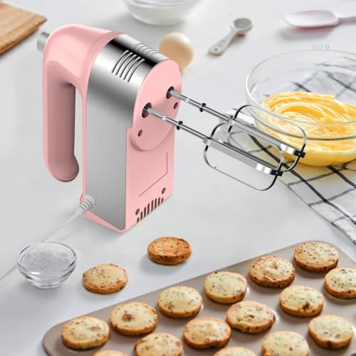 Hand Mixer Electric, 450W Kitchen Mixers with Scale Cup Storage Case, Turbo Boost/Self-Control Speed + 5 Speed + Eject Button + 5 Stainless Steel Accessories, For Easy Whipping Dough, Cream, Pink