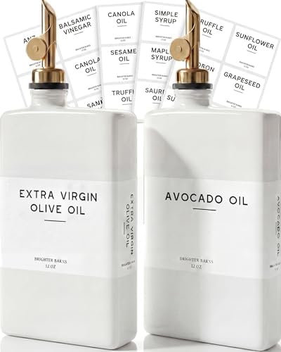 White Glass Olive Oil Dispenser Bottle for Kitchen by Brighter Barns - Avocado Oil Dispenser Set, Vanilla Syrup Bottle - Modern Decor, Gold Kitchen Accessories for Airbnb, Cafe (White/Gold, Set of 2)