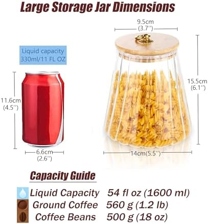 Glass Coffee Nuts Canister, Airtight Jar Bamboo Lid 54 FL OZ, Large Conical