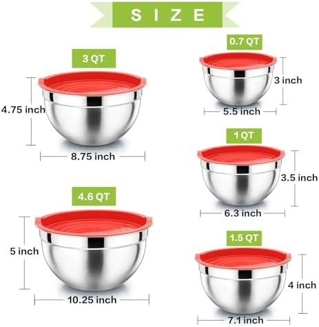 P&P CHEF Metal Mixing Bowls with Lids Set, Airtight Lids & Red