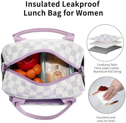 Lunch Bag Women Lunch Box for Women Adult Cute Insulated Lunch Bag Lager Cooler Lunch Tote Bags for Work Picnic (Beige-Purple Plaid)