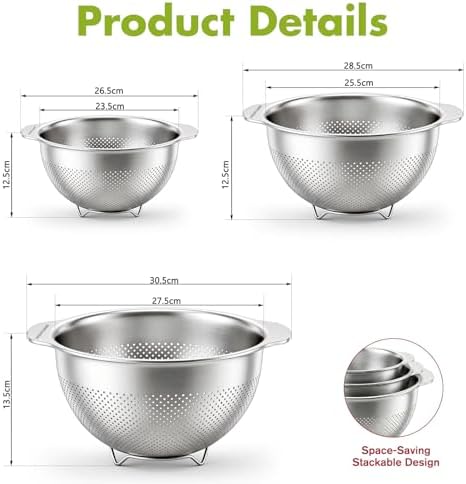Greentainer 18/8 Stainless Steel Colander Set of 3 (2.5QT, 3.5QT, 5QT)
