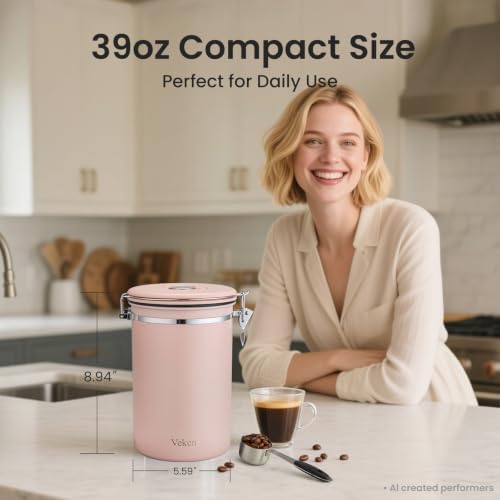 Veken Coffee Canister,39OZ, 2.2lbs,Large Airtight Stainless Steel Container