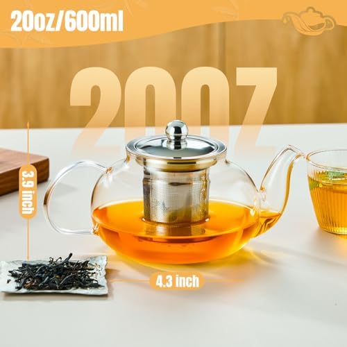 Baalaka Tea Pot with Infuser for Loose Tea, 20 oz Glass Stovetop Kettle