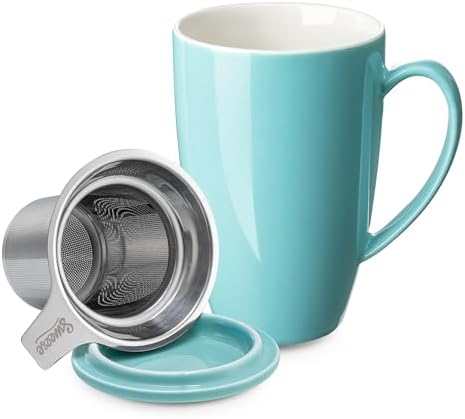 Sweese 15oz Porcelain Tea Mug with Infuser and Lid – Microwave Safe, Ergonomic Handle, Lead-Free Glaze, for Loose Leaf Tea