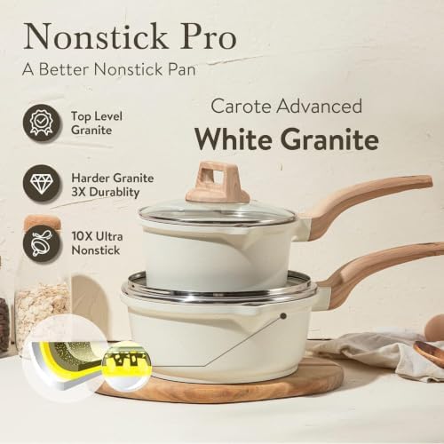 CAROTE Nonstick 1.5Qt & 3.0Qt Sauce Pan Sets with Lid, White