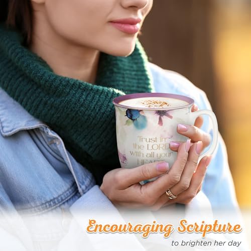 Christian Art Gifts Large Ceramic Inspirational Scripture Coffee & Tea Mug for Women: Trust in the Lord Golden Bible Verse, Non-toxic Lead/Cadmium-Free Cup, White & Purple Watercolor Floral, 14 oz.