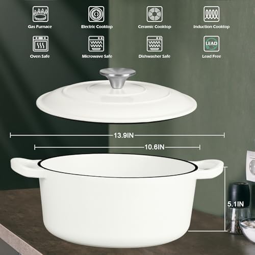 Leonyo 6-Quart Enameled Cast Iron Dutch Oven Pot with Lid, White