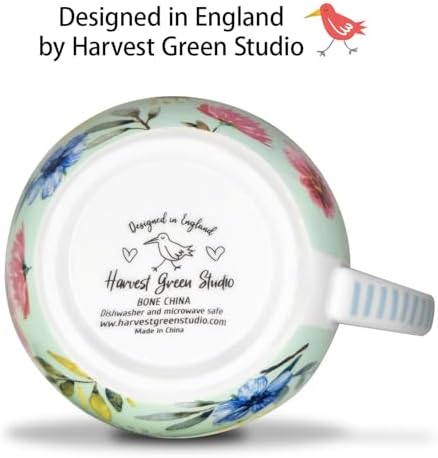 20 oz Bees & Flowers Coffee Hug Mug,“Be Happy” Designed to Spread Joy, Premium Bone China, Best Gifts for Mom Women Mothers Day, Designed in England by Harvest Green Studio