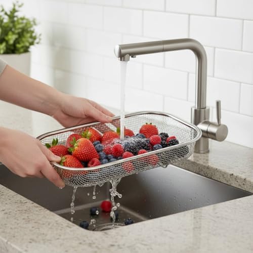 18/8 Stainless Steel Colander Strainer for Kitchen, Rectangular Colander for Pasta, Vegetables, Fruits, Rustproof & Dishwasher Safe (13.0 x 7.1 x 2.2 inch)