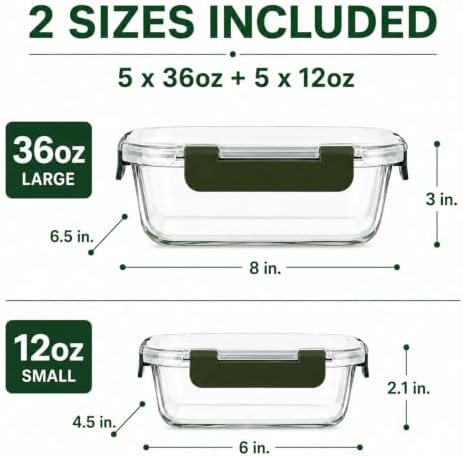 10 Piece Glass Food Storage Containers with Lids, Meal Prep Containers Set