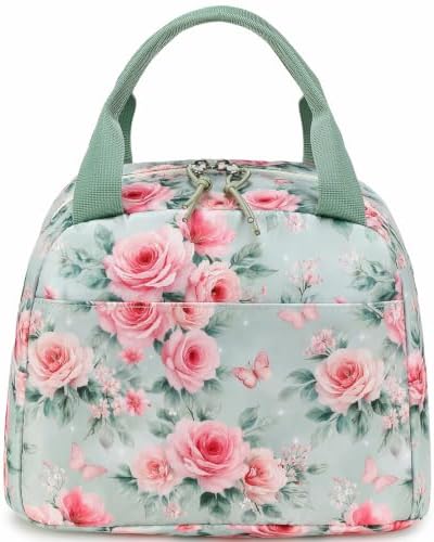 Bluboon Lunch Box for Women Cute Lunch Bag Reusable Insulated Lunch Bags Large Capacity Lunchbox Cooler for Work Picnic or Travel Gifts (Pink Rose Bow 282, 10 x 7.5 x 8 inches)
