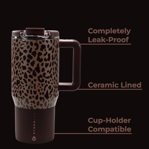 HydroJug Coffee Traveler 20oz Ceramic-Lined Mug with Handle, Brown Leopard