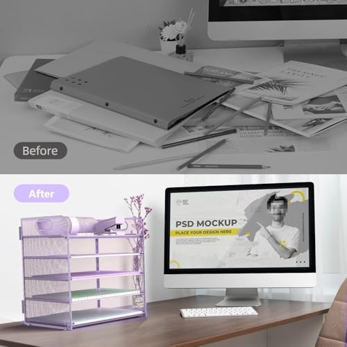 Letter Tray Paper Organizer 5-Tier Desk Organizer File Organizer Paper Holder with Handle, Metal Desktop Document Shelf Tray Office Classroom Organization - Purple