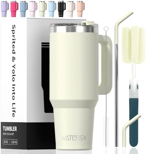 40 oz Tumbler with Handle,Tumbler with Lid and Straw,Double Wall Insulated Cup Stainless Steel Travel Mug(Cold for 34 Hours),Water Bottle for Iced Tea,Coffee,Cold Beverages(Cream White)