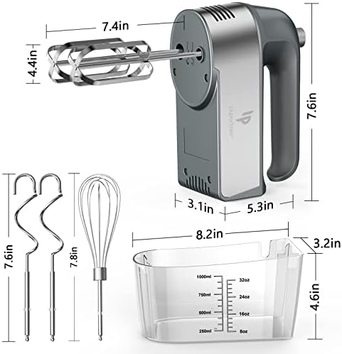 Hand Mixer Electric, 450W Kitchen Mixers with Scale Cup Storage Case, Turbo Boost/Self-Control Speed + 5 Speed + Eject Button + 5 Stainless Steel Accessories, For Easy Whipping Dough, Cream, Gray
