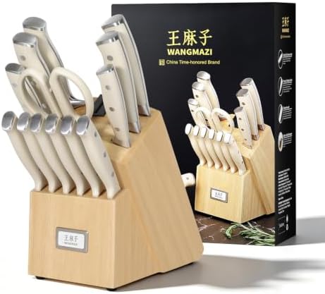 WANGMAZI 15-Pcs Knife Set, High Carbon Steel Ultra Sharp, Natural Pro