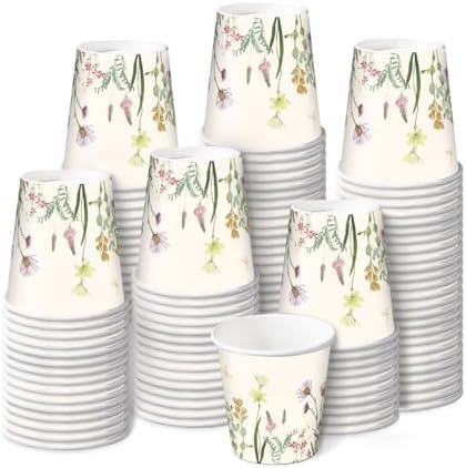 RUSPEPA 2 oz Bathroom Cups, Disposable Paper Cups - 100 Pack Wild Flower Design Printed - Mini Mouthwash Rinse Paper Cups for Home, Bathroom, Picnic, Party, and Events