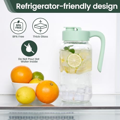 Mason Jar Pitcher, 2 pcs 64 oz (2 quart), Glass Pitcher with Lid
