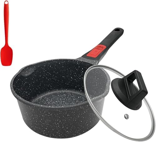 1.5 Qt Nonstick Saucepan with Lid, Small Sauce Pot with Pour Spout, Black