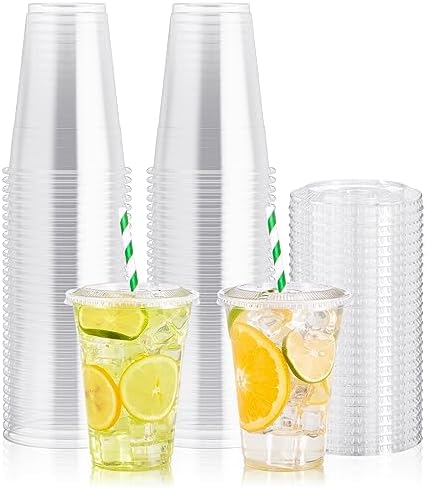 JOLLY PARTY 100Pack 16 oz Clear Plastic Cups With Flat Slotted Lids