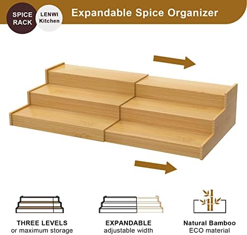 Lenwi Spice Rack Organizer for Cabinet, 3 Tier Expandable Bamboo Spice Storage for Kitchen Cupboard Pantry