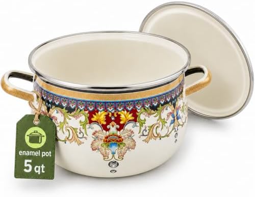 4.5 Qt Enamel Stock Pot with Lid, Floral Soup Pots for Cooking