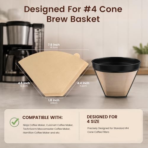 Niveaya #4 Cone Coffee Filters Fits for Ninja Maker, 200 Count