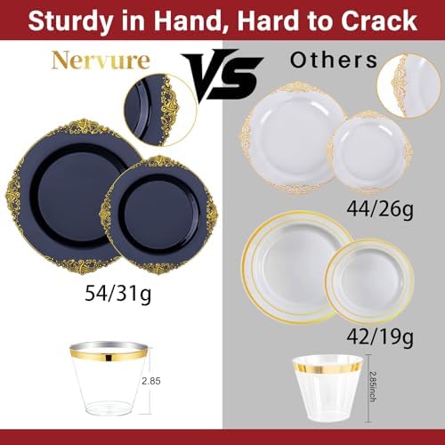 Nervure 350Pcs Blue Plastic Plates, Disposable Dinnerware Set for 50 Guests