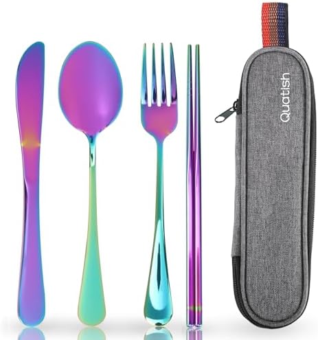 Travel Utensils with Case, Quatish Portable Silverware Set for Work, Stainless Steel Reusable Travel Cutlery Set, Fork and Spoon Set for Camping, Picnic, Gadgets, Lunch Box for Men, Rainbow