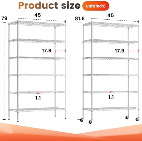 BestOffice | 6-Tier Wire Shelf with Wheels | 45" x 18" x 82" | Chrome
