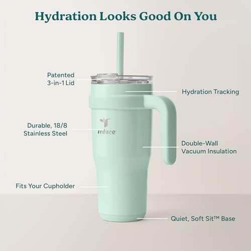 REDUCE 24 oz Stainless Steel Tumbler with Handle - Dual-Wall Vacuum Insulated Travel Mug, Sweat-Proof Lid & Reusable Straw - Keeps Drinks Cold for 24 Hrs, Fits Cupholders, Dishwasher Safe - Sea Glass