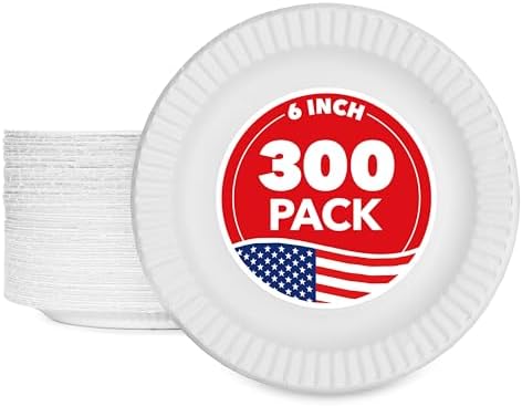 6-Inch Paper Plates Uncoated, Everyday Disposable Dessert Plates 6" Paper Plate Bulk, White, 300 Count, Stock Your Home
