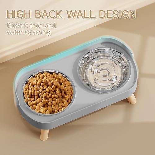 Elevated Cat Bowl, Raised Cat Food and Water Bowl Set for Indoor Cats, Splash Proof with 2 Stainless Steel Pet Food Bowls for Cats and Puppies, Whisker Fatigue and Dishwasher Safe - Grey